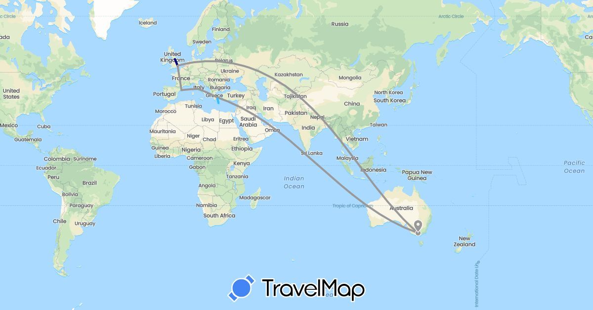 TravelMap itinerary: driving, plane, boat in Australia, Spain, United Kingdom, Greece, Italy (Europe, Oceania)